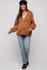 Camel Waffle Knit Button Long Sleeve Maternity Top