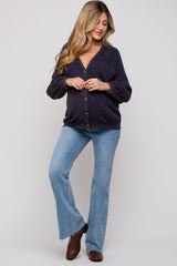 Navy Waffle Knit Button Long Sleeve Maternity Top