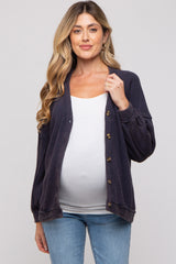 Navy Waffle Knit Button Long Sleeve Maternity Top