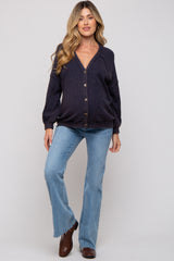 Navy Waffle Knit Button Long Sleeve Maternity Top