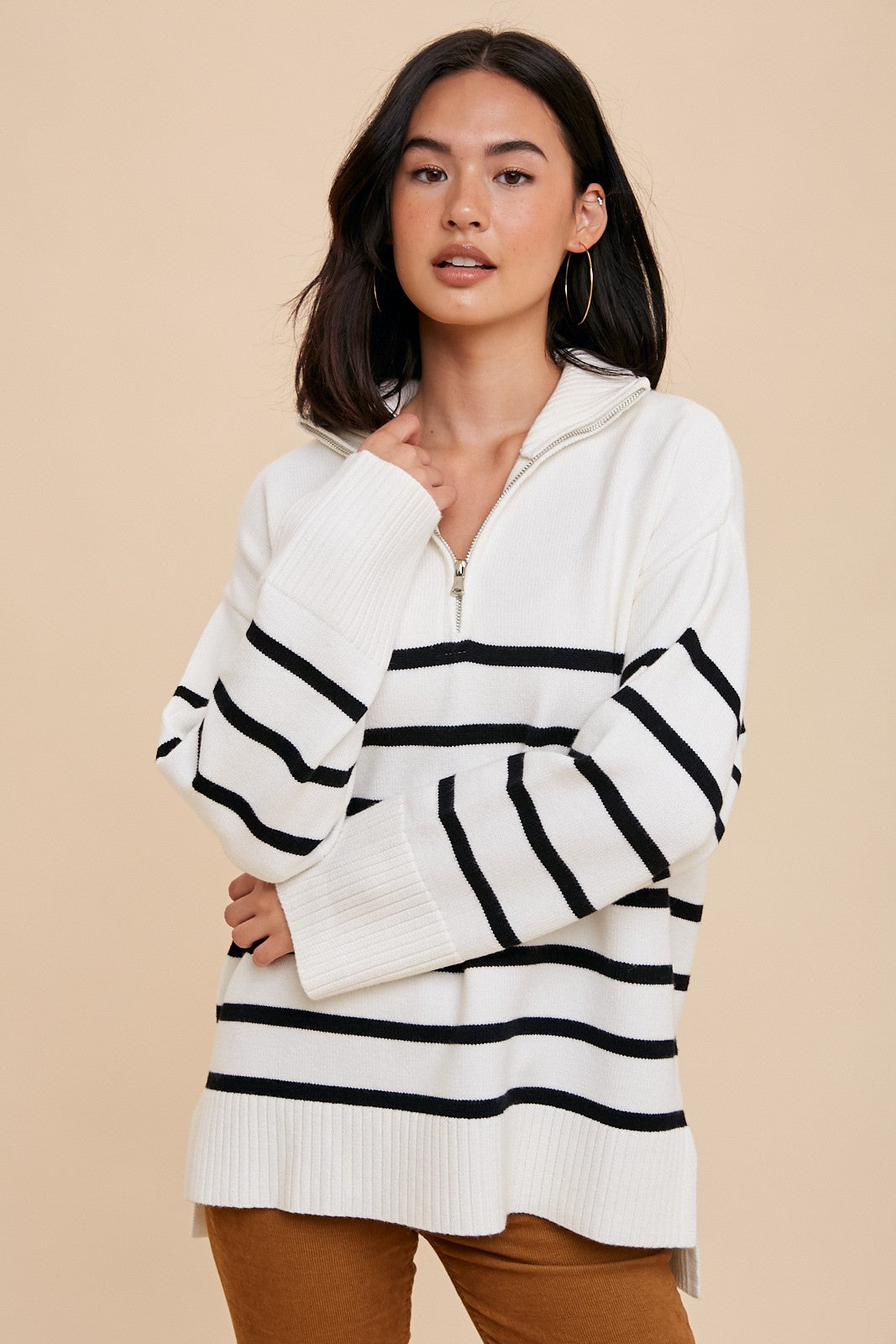 Black Striped Half Zip Knit Pullover– PinkBlush