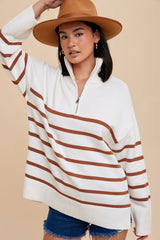 Camel Striped Half Zip Knit Pullover