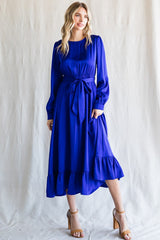 Royal Satin Belted Waist Maternity Midi Dress