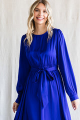 Royal Satin Belted Waist Midi Dress