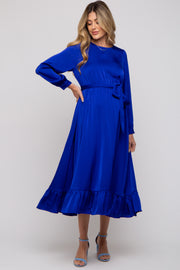 Royal Satin Belted Waist Maternity Midi Dress