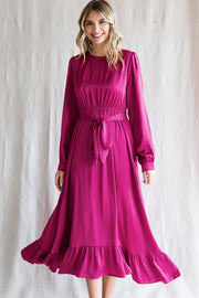 Magenta Satin Belted Waist Midi Dress