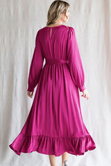 Magenta Satin Belted Waist Midi Dress