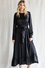 Black Satin Belted Waist Maternity Midi Dress