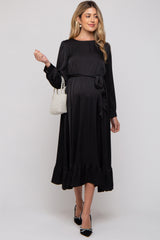 Black Satin Belted Waist Maternity Midi Dress