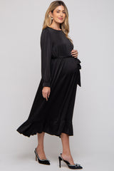 Black Satin Belted Waist Maternity Midi Dress