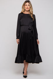 Black Satin Belted Waist Maternity Midi Dress