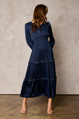 Navy Ruffle Detail Satin Dress