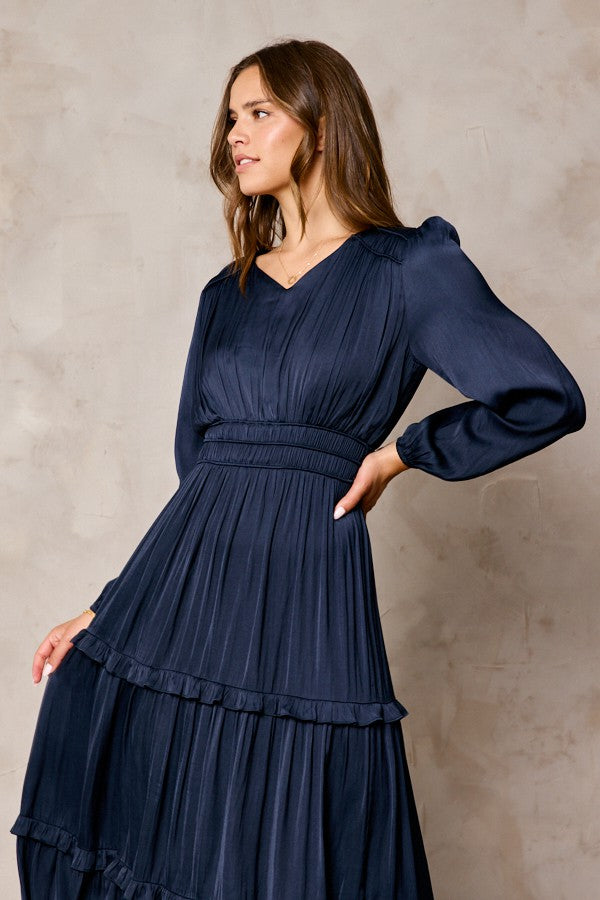 Navy Strappy Satin Ruffle Dress