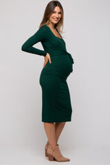 Forest Green Basic Square Neck Maternity Midi Dress