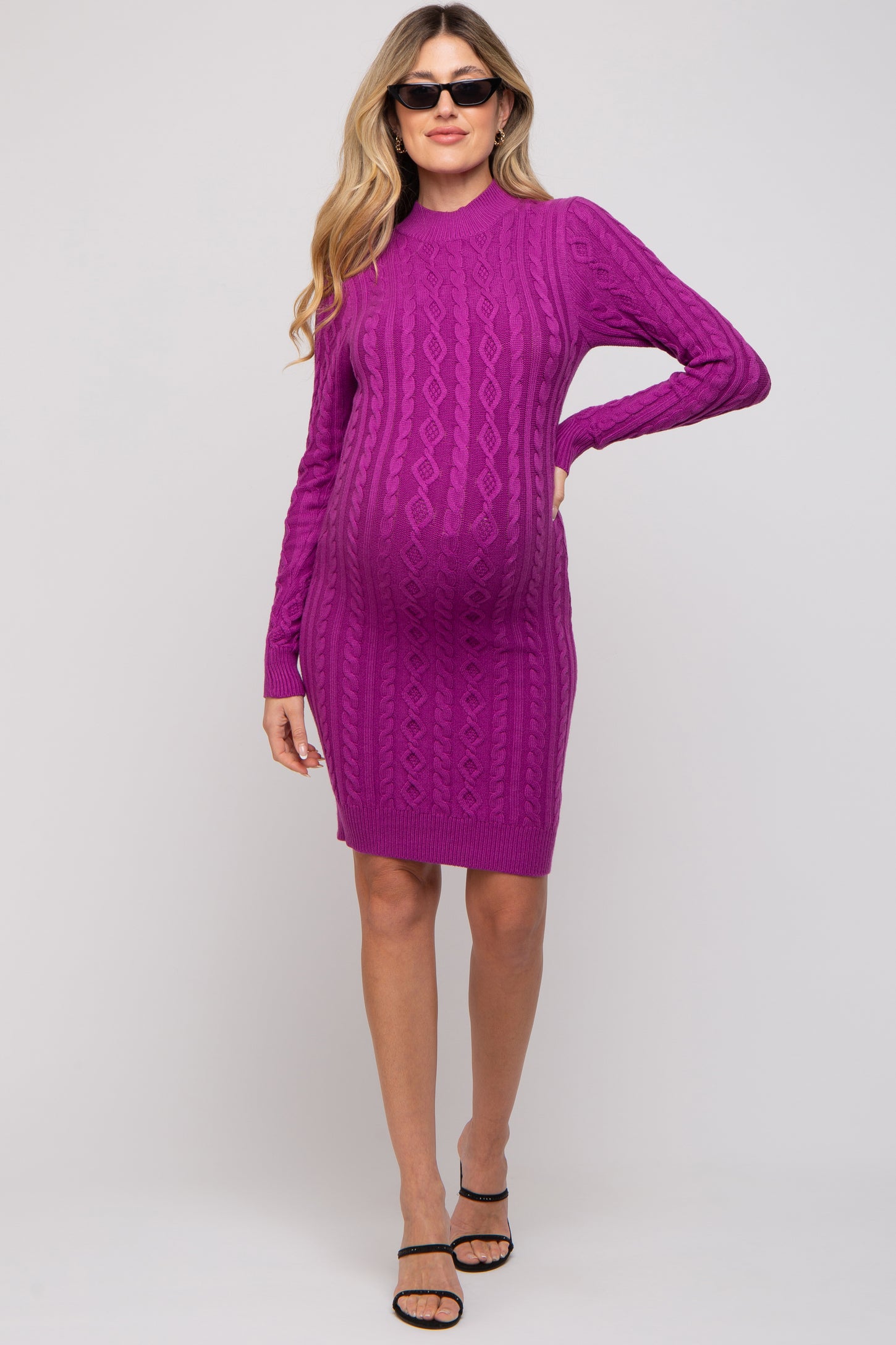 Magenta Cable Knit Mock Neck Long Sleeve Maternity Sweater Dress– PinkBlush