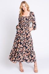 Navy Floral Long Sleeve Maternity Maxi Dress