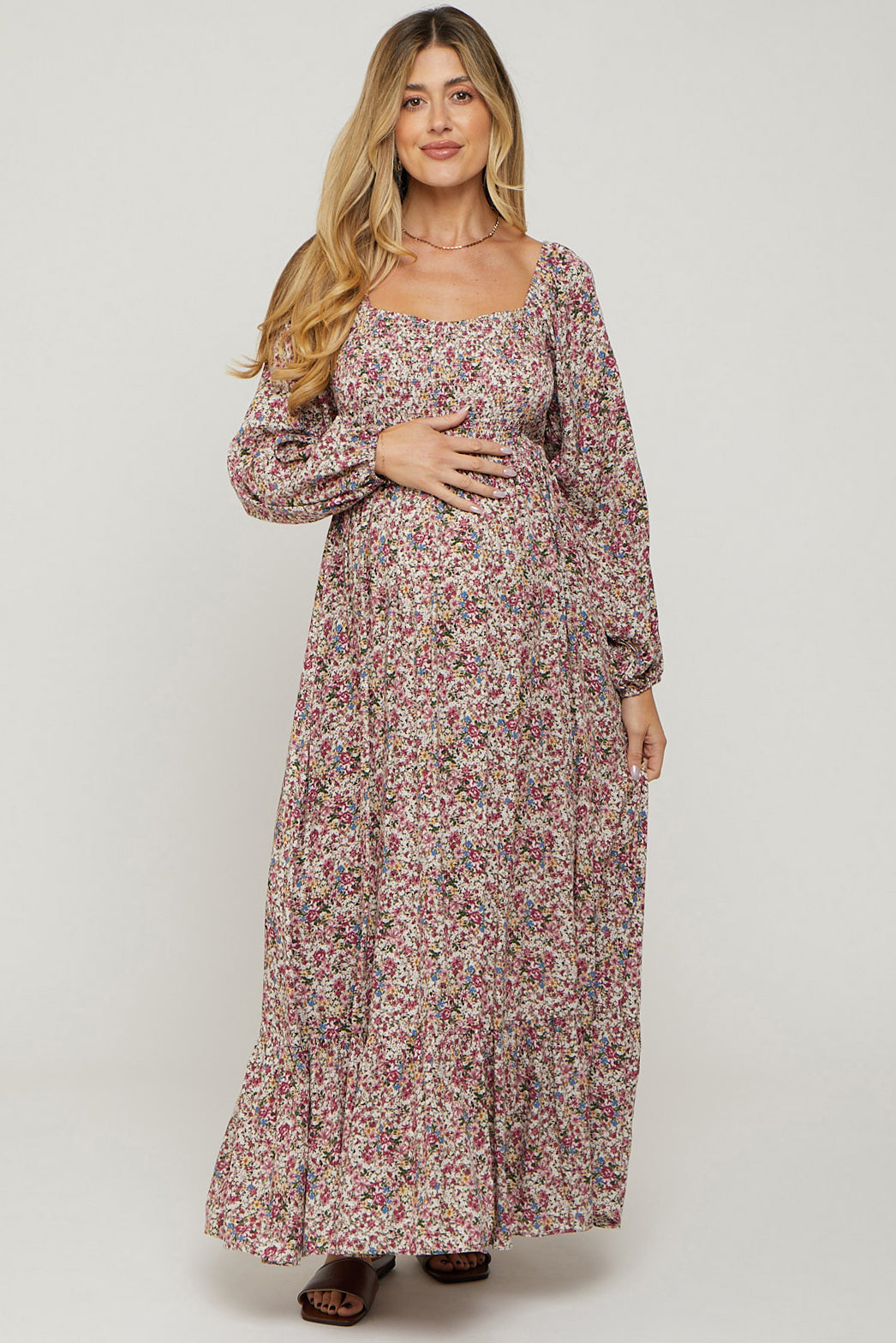 Mauve Floral Long Sleeve Maternity Maxi Dress– PinkBlush