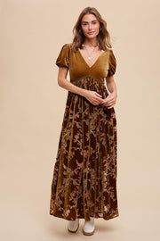 Camel Floral Burnout Velvet Maxi Dress