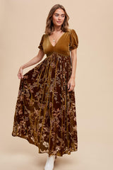 Camel Floral Burnout Velvet Maxi Dress