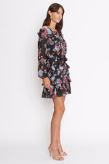 Black Floral Long Sleeve Ruffle Dress