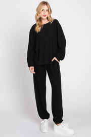 Black  Soft Knit Brushed Long Sleeve Lounge Set