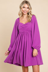 Purple Gathered Waist Long Sleeve Dress