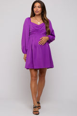 Purple Gathered Waist Long Sleeve Maternity Dress