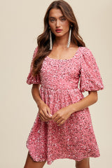 Pink Sequin Puff Sleeve Velvet Babydoll Dress