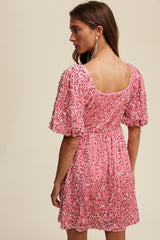 Pink Sequin Puff Sleeve Velvet Babydoll Dress