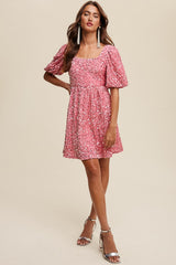 Pink Sequin Puff Sleeve Velvet Babydoll Dress