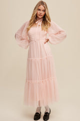 Light Pink Mesh Tiered Long Sleeve Maxi Dress