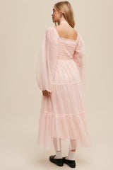 Light Pink Mesh Tiered Long Sleeve Maxi Dress