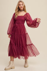 Burgundy Mesh Tiered Long Sleeve Maternity Maxi Dress