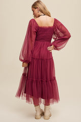 Burgundy Mesh Tiered Long Sleeve Maxi Dress