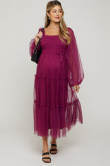 Burgundy Mesh Tiered Long Sleeve Maternity Maxi Dress