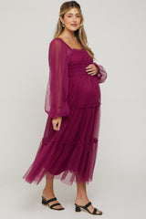 Burgundy Mesh Tiered Long Sleeve Maternity Maxi Dress