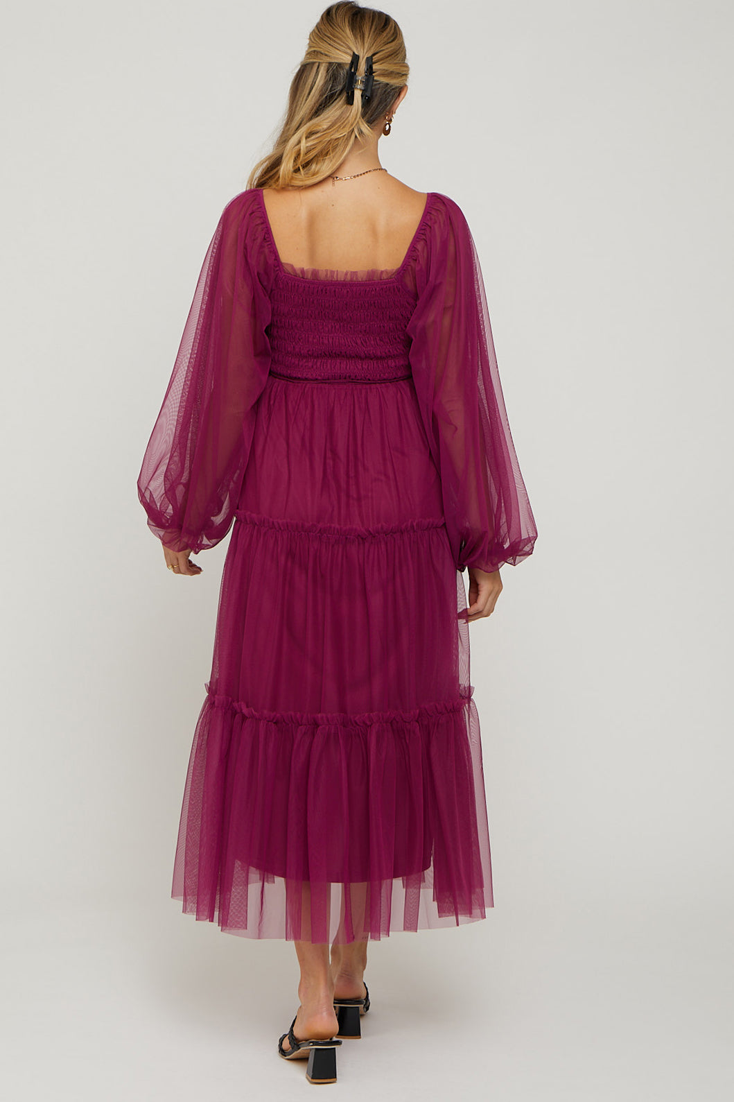 Burgundy Mesh Tiered Long Sleeve Maternity Maxi Dress– PinkBlush