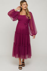 Burgundy Mesh Tiered Long Sleeve Maternity Maxi Dress