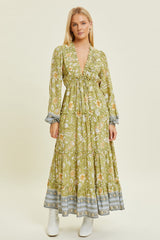 Light Green Floral Deep V-Neck Long Sleeve Midi Dress