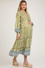 Light Green Floral Deep V-Neck Long Sleeve Maternity Midi Dress