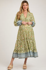 Light Green Floral Deep V-Neck Long Sleeve Maternity Midi Dress