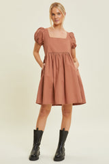 Rust Puff Sleeve Back Tie Maternity Dress