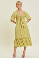 Light Olive Smocked Front Tie Midi Dress