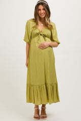 Light Olive Smocked Front Tie Maternity Midi Dress