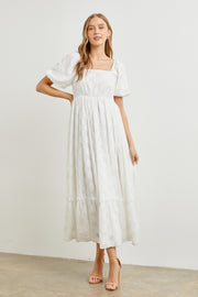 White Floral Chiffon Smocked Square Neck Maxi Dress