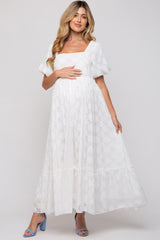 White Floral Chiffon Smocked Square Neck Maternity Maxi Dress