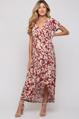 Burgundy Floral High-Low Maternity Wrap Dress