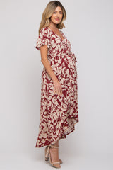 Burgundy Floral High-Low Maternity Wrap Dress