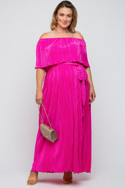 Fuchsia Plisse Off Shoulder Maternity Plus Maxi Dress