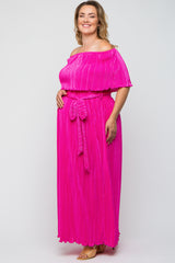 Fuchsia Plisse Off Shoulder Maternity Plus Maxi Dress